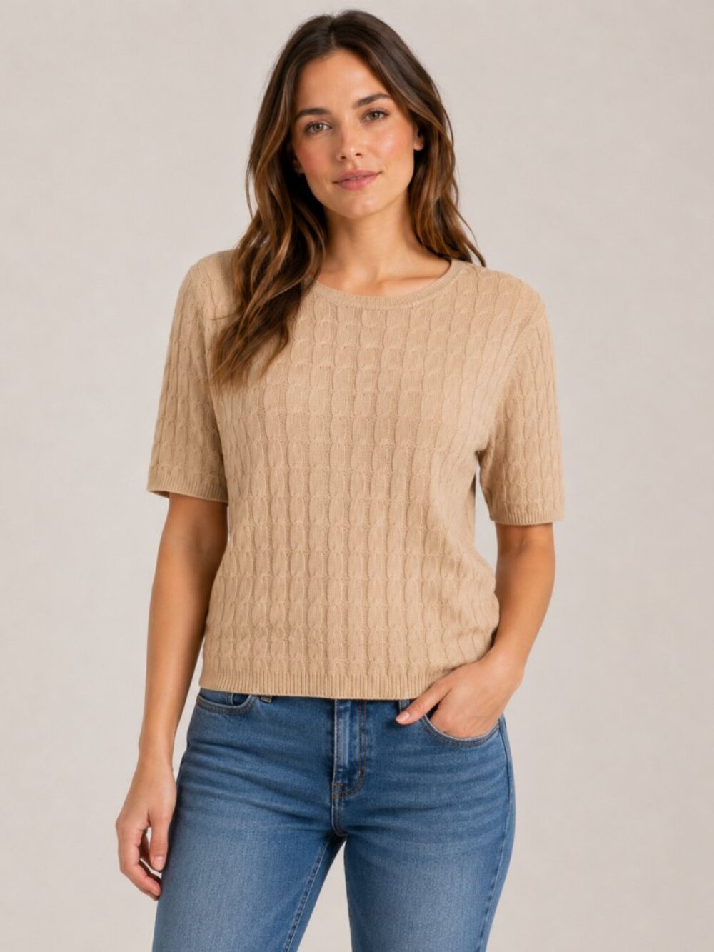 Via Carducci Beige Cable Knit Short Sleeve Sweater Large Silk Cotton Blend Top